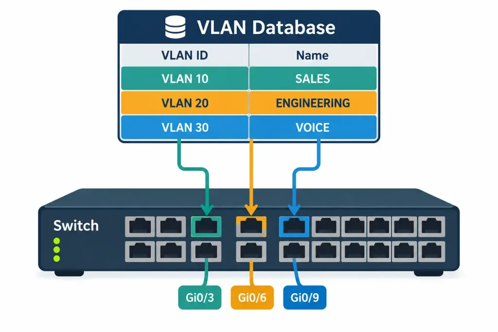 Lesson 2.2.1 — Vlans, Vlan Database &Amp; Svis 2 Diagram Showing Vlans Created In The Vlan Database And Then Assigned To Specific Switch Ports