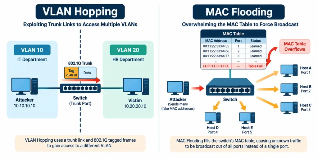 Lesson 4.2.1 — Network-Based Attacks: Dos, Vlan Hopping, Mac Flooding, Arp/Dns Poisoning &Amp; On-Path Attacks 3 Diagram Showing A Frame Crossing Vlan Boundaries Via A Trunk Port Alongside A Switch'S Mac Table Overflowing Into Broadcast Mode
