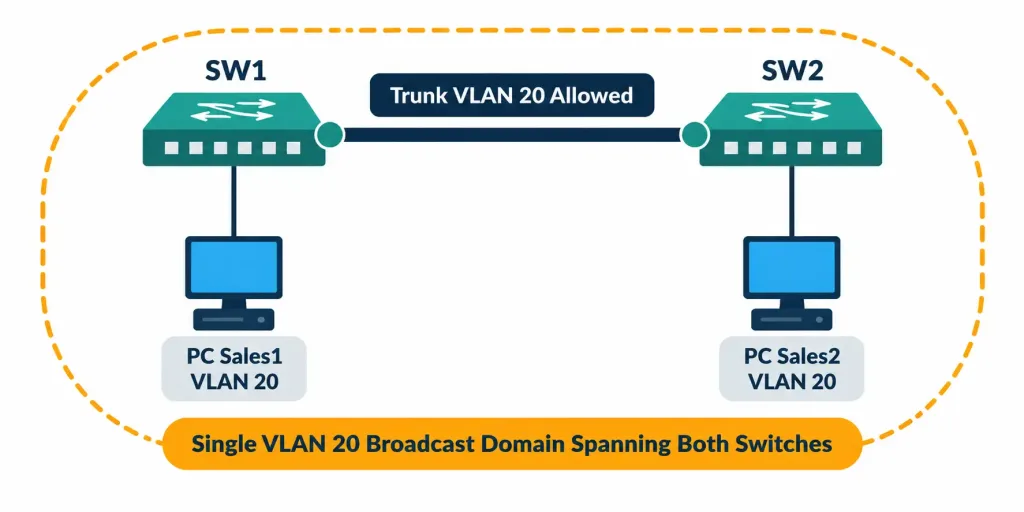 Configuring And Verifying Vlans Spanning Multiple Switches 4 Diagram Showing Vlan 20 Spanning Two Switches Connected By A Trunk Link, With Devices On Both Switches In The Same Broadcast Domain