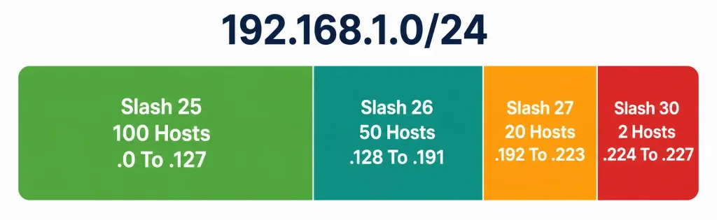 Configuring And Verifying Ipv4 Addressing And Subnetting 6 Diagram Showing A /24 Block Divided Into Four Differently Sized Vlsm Subnets Matching Four Different Host Requirements