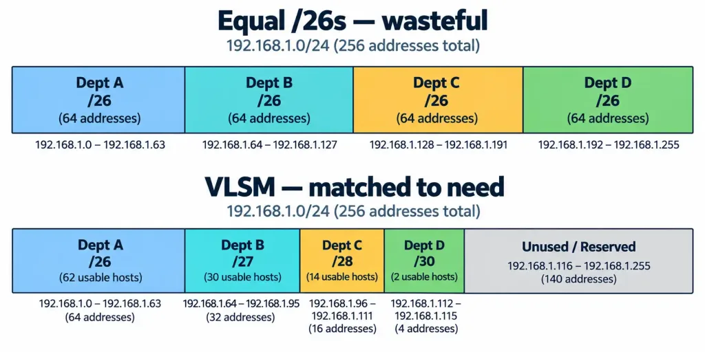 Lesson 1.7.3 — Vlsm And Subnetting Practice 4 Diagram Comparing Equal-Sized Subnetting To Vlsm'S Sized-To-Need Approach