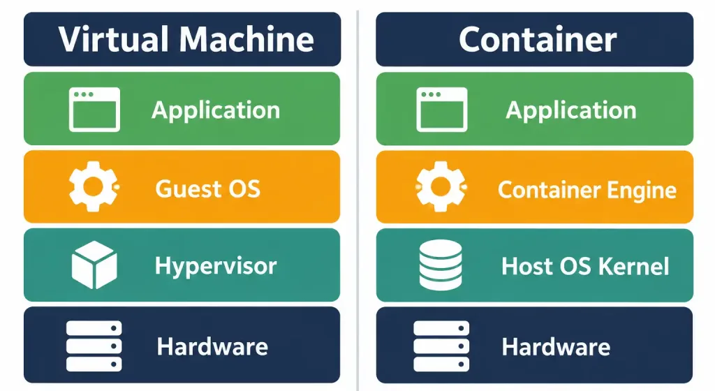 Virtualization Fundamentals: Virtual Machines Vs Containers 4 Side-By-Side Layered Diagram Comparing Virtual Machine Architecture, Which Includes A Full Guest Os, With Container Architecture, Which Shares The Host Os Kernel Directly