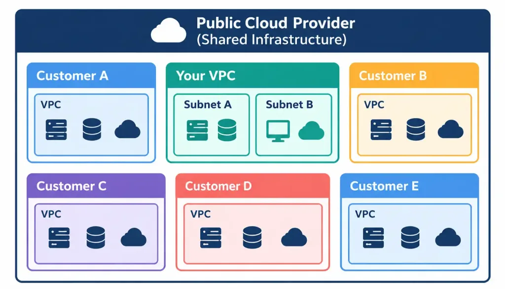 Lesson 1.3.1 — Cloud Deployment Models &Amp; Virtual Networking 4 Diagram Showing A Vpc As An Isolated Network Space Within Shared Public Cloud Infrastructure