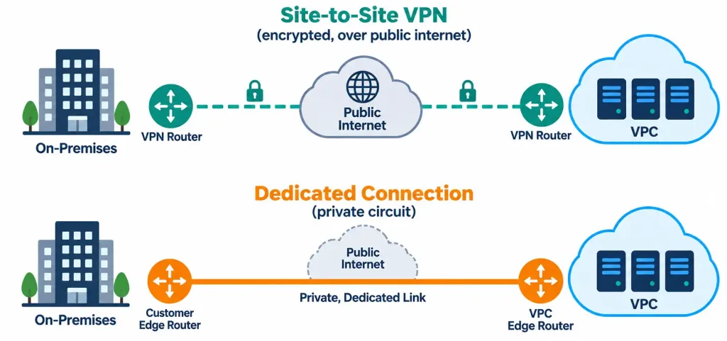 Lesson 1.3.2 — Cloud Connectivity Options 4 Diagram Comparing A Site-To-Site Vpn Over The Public Internet To A Dedicated Private Connection