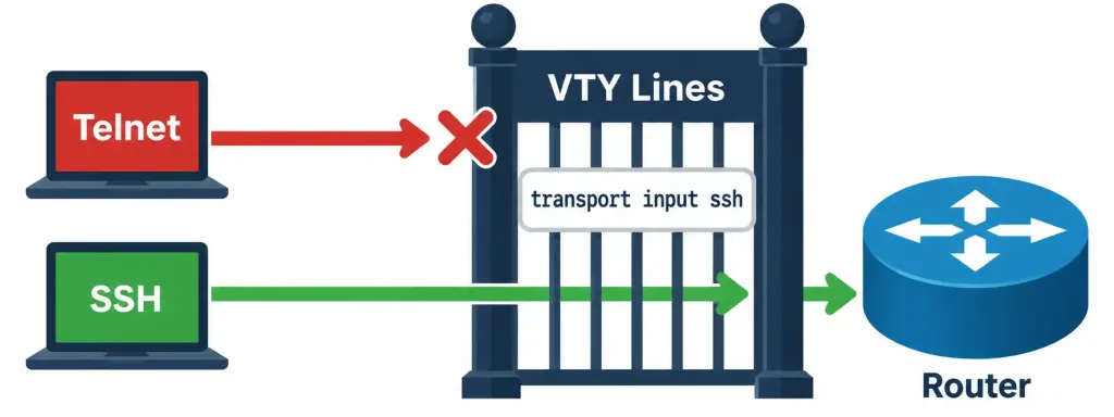 Configure Network Devices For Remote Access Using Ssh 5 Diagram Showing A Telnet Connection Blocked And An Ssh Connection Allowed Through A Router'S Vty Line Configuration