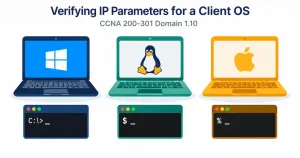 Verifying Ip Parameters For A Client Os: Windows, Linux, And Macos 8 Illustration Of Three Device Icons Representing Windows, Linux, And Macos, Each With A Terminal Symbol, Representing Ip Configuration Verification Across Operating Systems
