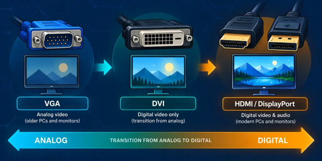 Lesson 2.5.2: Display Ports And Video Technology 4 Timeline Showing Video Connectors Evolving From Vga To Dvi To Hdmi And Displayport