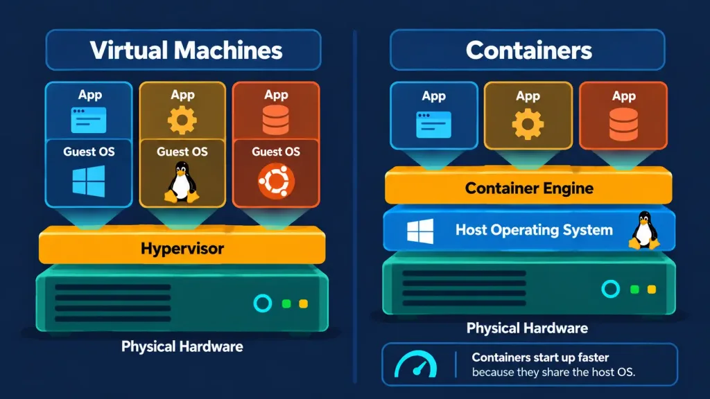 Lesson 2.6: Virtualization And Cloud Technologies 4 Stacked Comparison Diagram Showing Virtual Machines Each Running A Full Os Versus Containers Sharing One Host Os