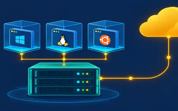 Illustration Of A Physical Server Running Multiple Virtual Machines Connected To A Cloud Icon