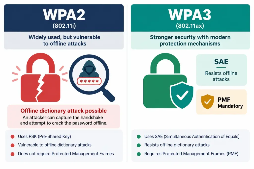 Lesson 2.3.3 — Wireless Encryption &Amp; Authentication: Wpa2/Wpa3, Psk Vs. Enterprise, Guest Networks 2 Diagram Comparing Wpa2'S Vulnerability To Offline Dictionary Attacks Against Wpa3'S Sae Resistance And Mandatory Management Frame Protection