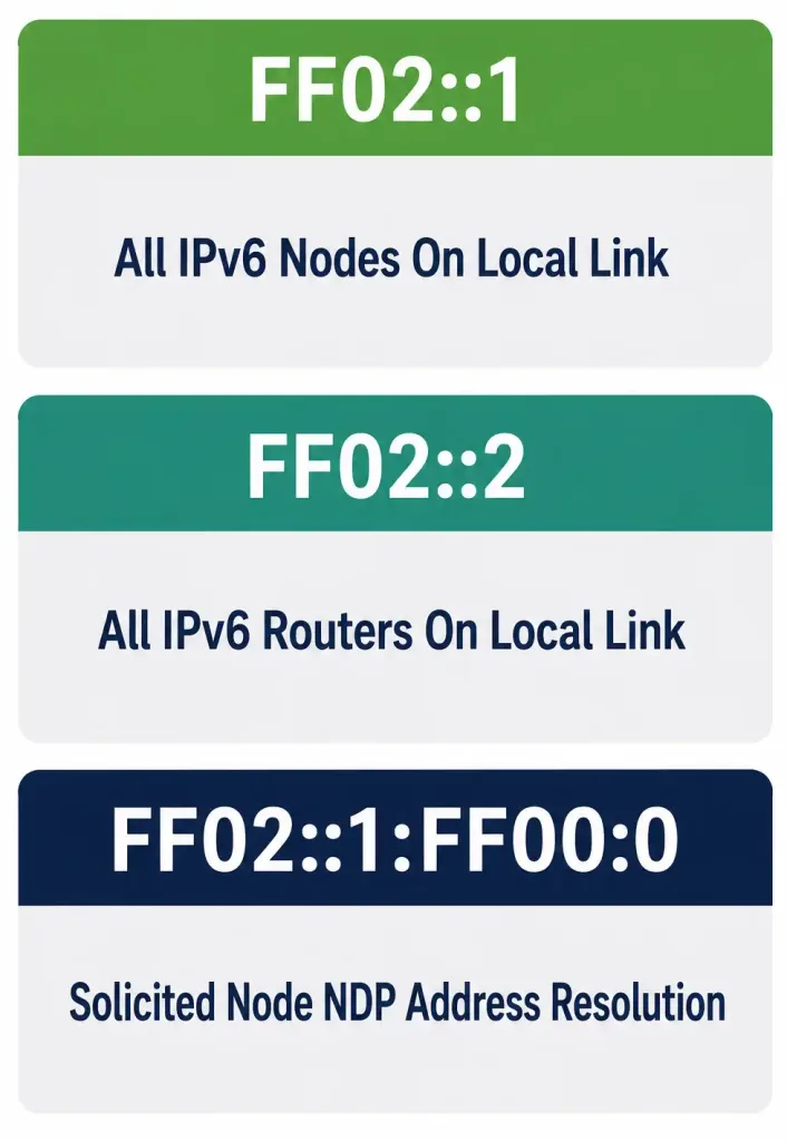 Comparing Ipv6 Address Types: Unicast, Anycast, And Multicast 5 Infographic Listing Three Well-Known Ipv6 Multicast Addresses: Ff02::1 For All Nodes, Ff02::2 For All Routers, And The Solicited-Node Format For Ndp