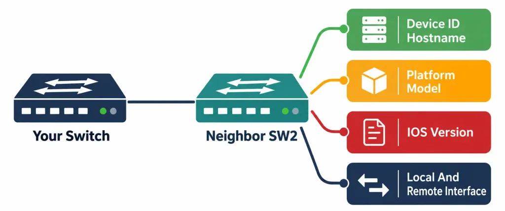 Configuring And Verifying Layer 2 Discovery Protocols: Cdp And Lldp 2 Diagram Showing The Four Pieces Of Information Cdp Reveals About A Directly Connected Neighbor: Device Id, Platform, Ios Version, And Interface Connections