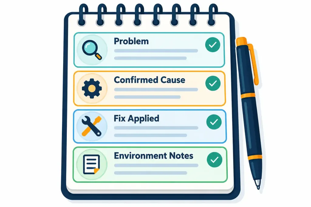 Lesson 1.4 — The Troubleshooting Methodology 5 Diagram Showing A Notepad With Four Completed Fields: Problem, Confirmed Cause, Fix Applied, And Environment Notes