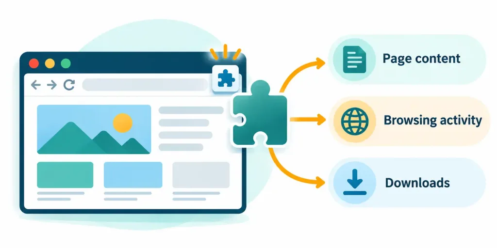 Lesson 3.4: Configuring And Using Web Browser Features 4 Diagram Showing The Permissions A Browser Extension Can Request, Including Page Content And Browsing Activity