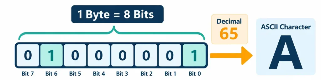 Lesson 1.3 — Units Of Measure 3 Diagram Showing 8 Bits Forming One Byte, Mapped To The Letter A Under The Ascii Standard