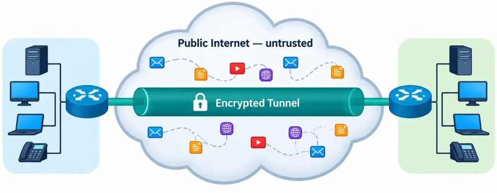 Describe Remote Access And Site-To-Site Vpns 2 Diagram Showing An Encrypted Vpn Tunnel Running Through The Public Internet Between Two Networks