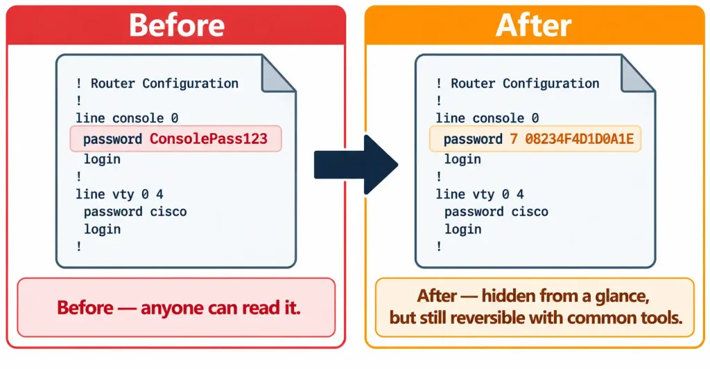 Configure Device Access Control Using Local Passwords 5 Before-And-After Diagram Showing A Plaintext Password Becoming Type 7 Obfuscated But Still Reversible