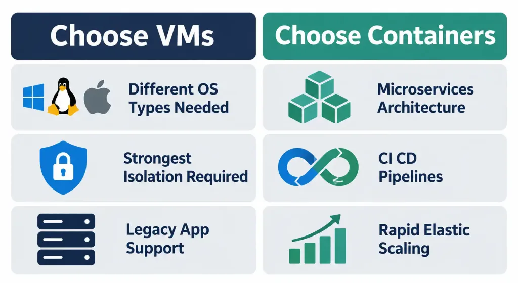 Virtualization Fundamentals: Virtual Machines Vs Containers 7 Infographic Listing Scenarios Favoring Virtual Machines Versus Scenarios Favoring Containers