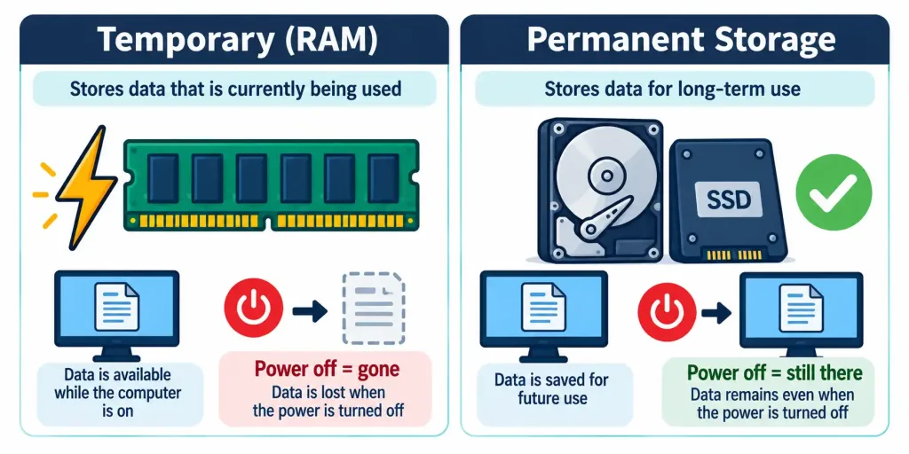 Lesson 1.2 — The Basics Of Computing 5 Diagram Comparing Ram, Which Loses Data When Powered Off, Against Permanent Storage, Which Retains It