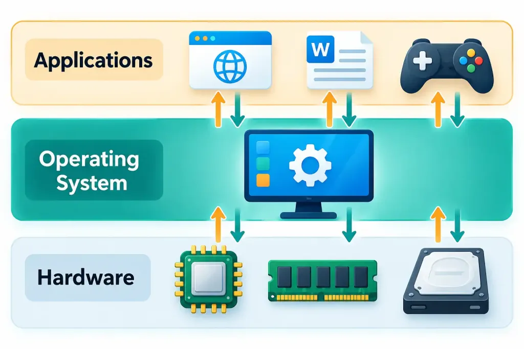 Lesson 3.1: Components Of An Operating System 2 Layered Diagram Showing Hardware, The Operating System, And Applications Stacked With The Os Mediating Between Them