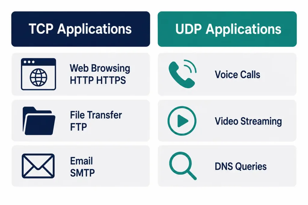 Tcp Vs Udp: The Reliability-Speed Trade-Off Every Application Makes 5 Infographic Matching Common Applications To Tcp Or Udp Based On Whether They Need Reliability Or Speed