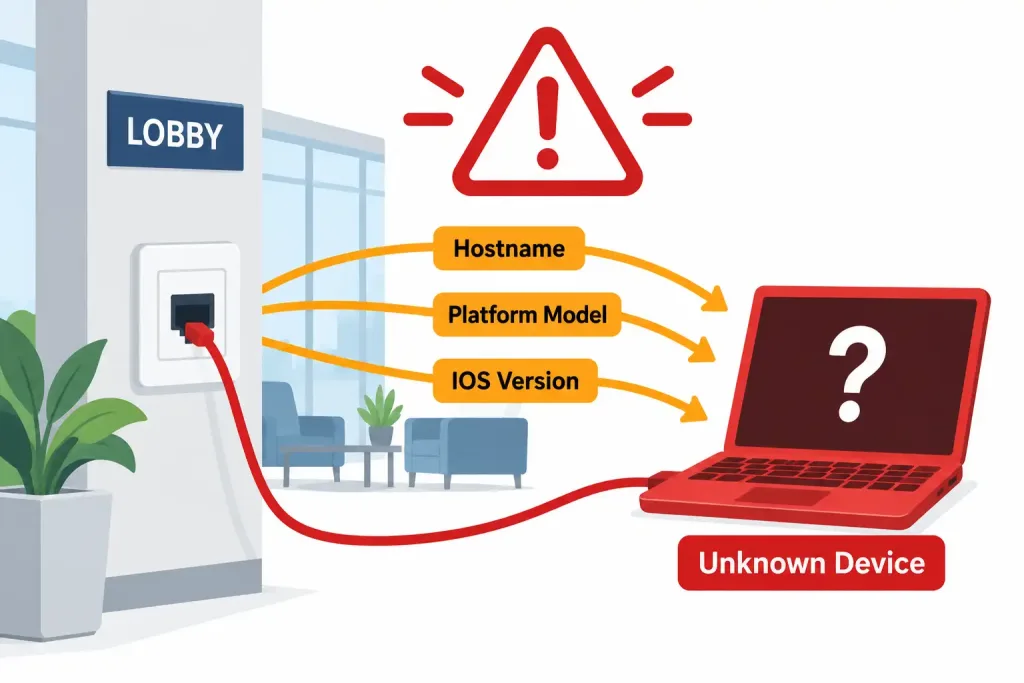 Configuring And Verifying Layer 2 Discovery Protocols: Cdp And Lldp 4 Diagram Showing An Unknown Device Connected To A Lobby Network Jack Passively Receiving Hostname, Platform, And Ios Version Information Via Cdp Or Lldp