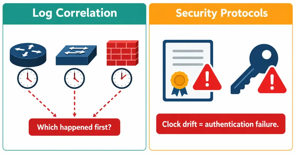 Configure And Verify Ntp (Client And Server Mode) 2 Diagram Showing How Unsynchronized Clocks Disrupt Log Correlation And Break Time-Dependent Security Protocols