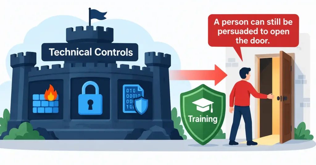 Describe Security Program Elements 2 Diagram Showing That Technical Security Controls Cannot Prevent A Person From Being Socially Manipulated, Requiring Training As A Complementary Control