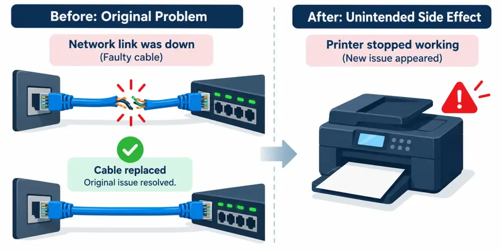 Lesson 1.4 — The Troubleshooting Methodology 4 Diagram Showing A Fixed Original Problem Alongside A Separate New Issue That Appeared As An Unintended Side Effect
