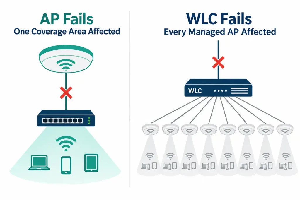 Physical Infrastructure Connections Of Wlan Components 4 Comparison Showing A Single Ap Failure Affecting Only Its Own Coverage Area Versus A Wlc Failure Affecting Every Ap It Manages