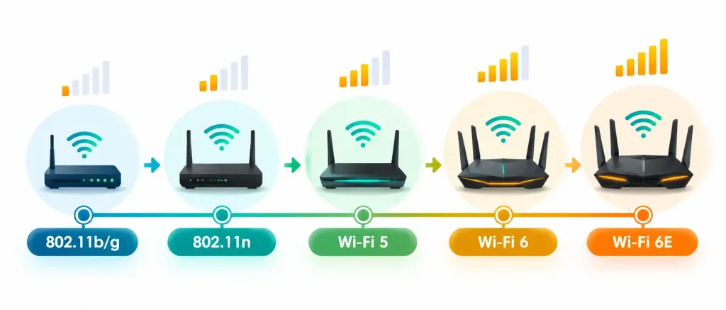 Lesson 2.9: Small Wireless Network Capabilities 2 Timeline Showing The Evolution Of Wi-Fi Standards From 802.11B/G Through Wi-Fi 6E