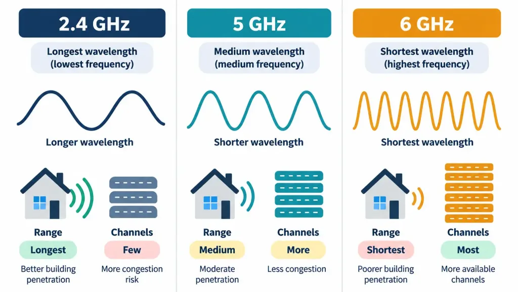 Lesson 1.5.2 — Wireless Standards &Amp; Transceivers 3 Diagram Comparing 2.4 Ghz, 5 Ghz, And 6 Ghz Range And Channel Availability