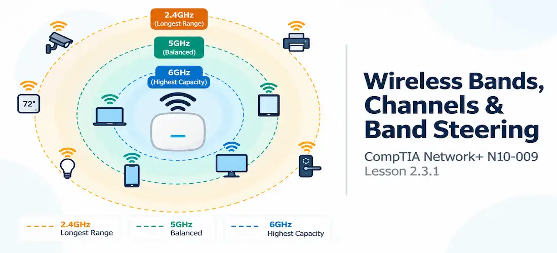 Lesson 2.3.1 — Wireless Frequency Bands, Channels &Amp; Band Steering 1 Illustration Of Three Colored Radio Wave Ripples Of Different Sizes Spreading From A Central Access Point