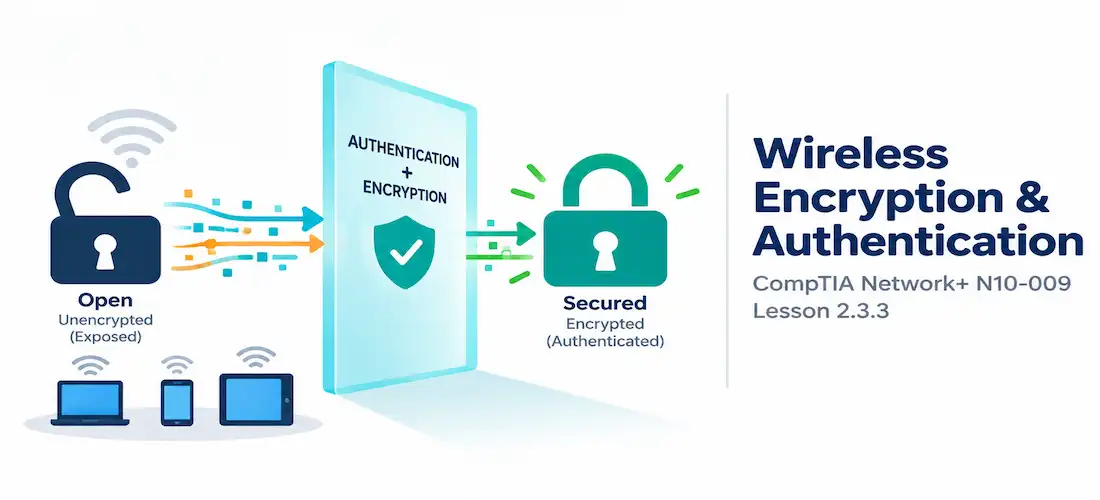 Lesson 2.3.3 — Wireless Encryption &Amp; Authentication: Wpa2/Wpa3, Psk Vs. Enterprise, Guest Networks 1 Illustration Of An Open Padlock Transforming Into A Closed, Secured Padlock As It Passes Through A Doorway