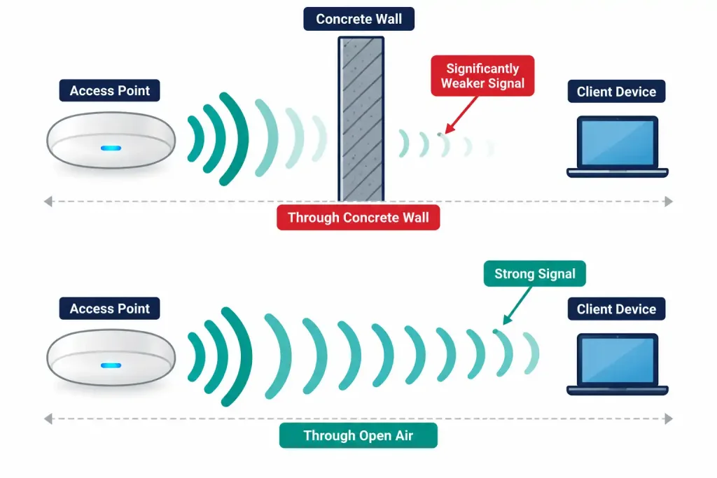 Lesson 5.4.1 — Troubleshooting Wireless Performance Issues 3 Diagram Showing Wireless Signal Weakening Sharply When Passing Through A Concrete Wall Compared To Open Air