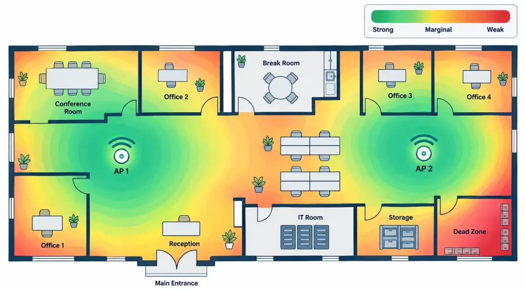 Lesson 2.3.4 — Antennas &Amp; Access Point Deployment 4 Diagram Showing A Color-Coded Heat Map Of Measured Wi-Fi Signal Strength Across An Office Floor Plan, With A Marked Dead Zone