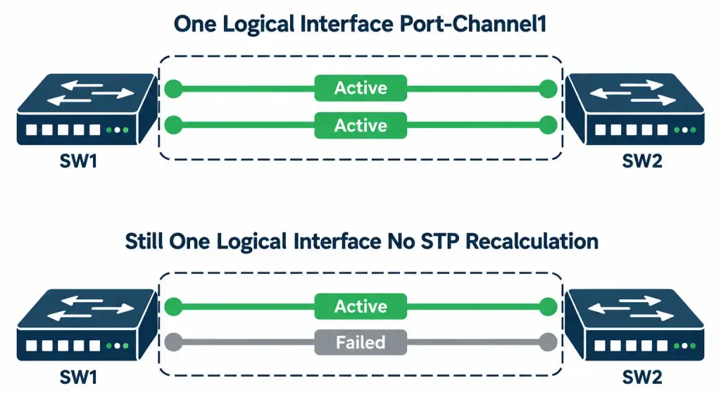 Configuring And Verifying Etherchannel 3 Diagram Showing Two Bundled Links Functioning As One Logical Interface, With The Bundle Remaining Up And Undisrupted Even After One Member Link Fails