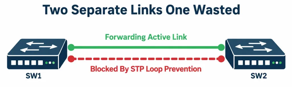 Configuring And Verifying Etherchannel 2 Diagram Showing Two Separate Parallel Links Between Switches, With Spanning Tree Protocol Blocking One To Prevent A Loop