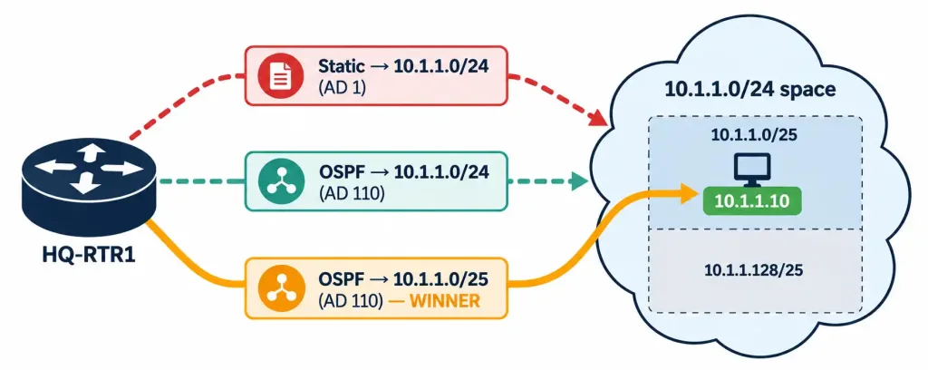 Determining How A Router Makes A Forwarding Decision By Default 5 Topology Diagram Showing A Router Choosing The More Specific /25 Ospf Route Over A Lower-Ad /24 Static Route