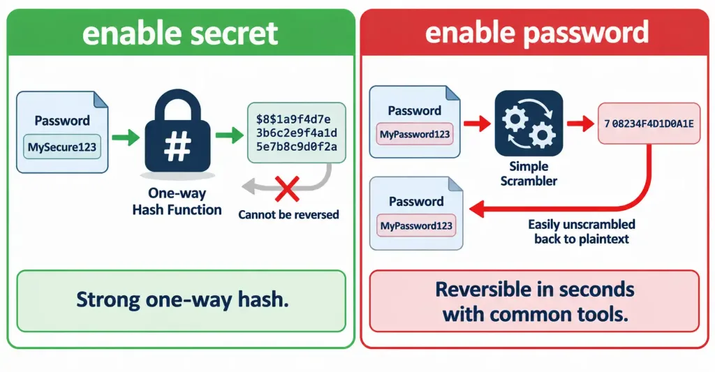 Configure Device Access Control Using Local Passwords 4 Comparison Diagram Showing Enable Secret'S One-Way Hash Versus Enable Password'S Easily Reversible Obfuscation