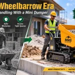Mini Dumper Replacing A Wheelbarrow For Faster And Safer Construction Material Handling, Showing A Worker Transporting Gravel At A Compact Construction Site.