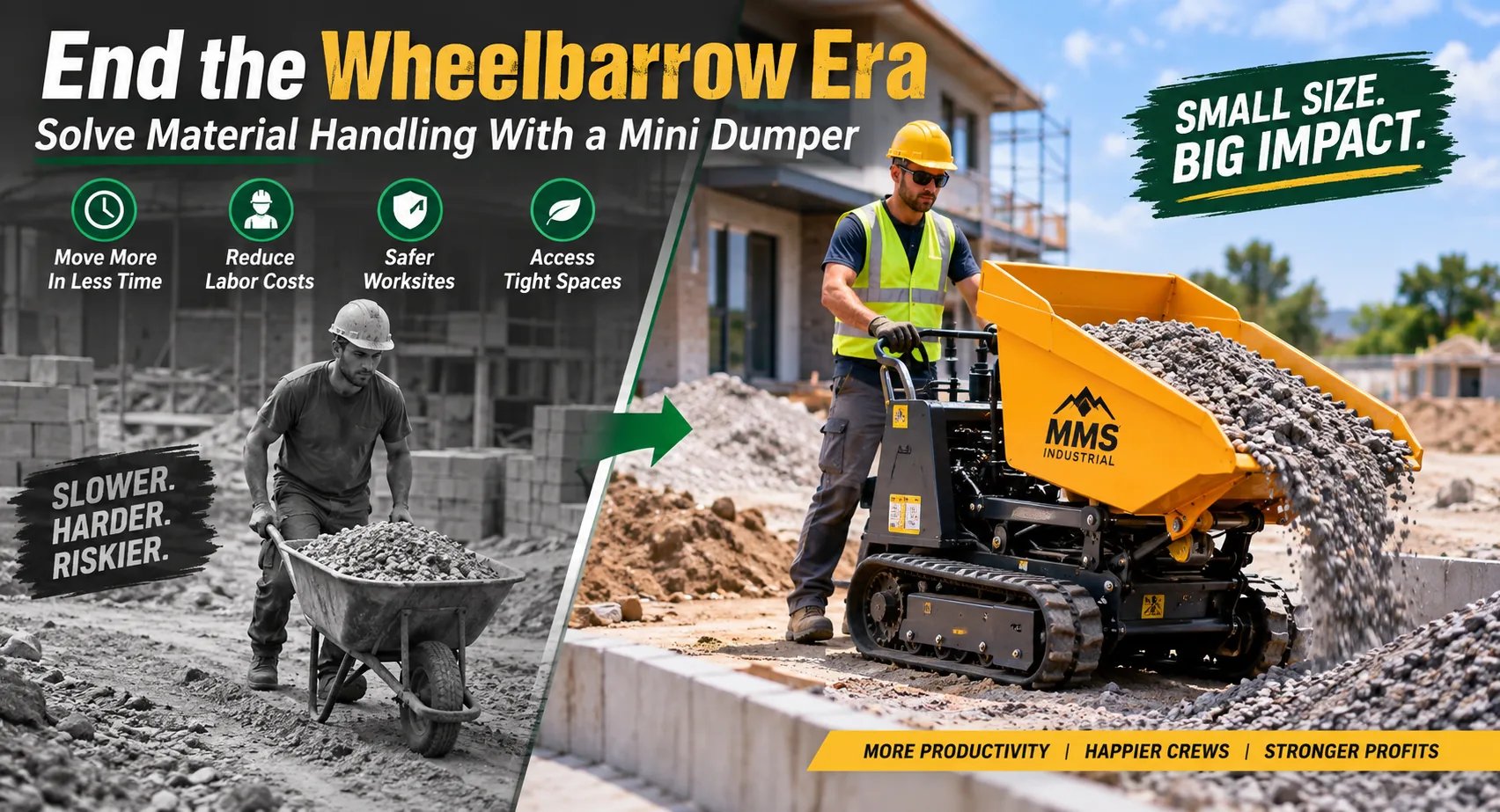 Mini Dumpers: A Practical Guide To Compact Material Handling 1 Mini Dumper Replacing A Wheelbarrow For Faster And Safer Construction Material Handling, Showing A Worker Transporting Gravel At A Compact Construction Site.