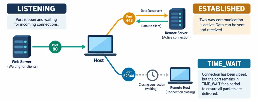 Lesson 5.5.1 — Software Troubleshooting Tools 3 Diagram Showing A Host'S Active Network Connections In Different States Including Listening, Established, And Time-Wait
