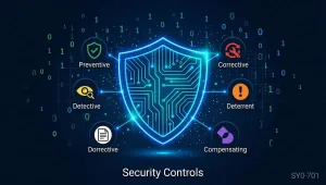 General Security Concepts: Complete Security+ Sy0-701 Domain 1 Study Guide 8 An Infographic Illustrating Six Types Of Cybersecurity Controls, Centered Around A Glowing Blue Shield With Circuit Board Patterns On A Dark Blue Background Scattered With Binary Code.six Colorful Circular Icons Branch Out From The Shield, Each With A Text Label Underneath:preventive: A Green Circle With A Shield And Checkmark Icon.detective: A Yellow Circle With An Eye And Magnifying Glass Icon.dorrective (Misspelled In Image): A White Circle With A Document Icon.corrective: A Red Circle With A Wrench And Rotating Arrows Icon.deterrent: An Orange Circle With An Exclamation Mark Icon.compensating: A Purple Circle With An Overlapping Geometric Icon.the Main Title &Quot;Security Controls&Quot; Is Centered At The Bottom, With The Exam Code &Quot;Sy0-701&Quot; Displayed In The Bottom-Right Corner.