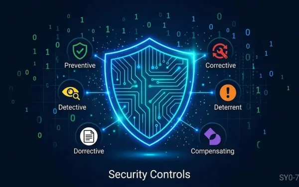 An Infographic Illustrating Six Types Of Cybersecurity Controls, Centered Around A Glowing Blue Shield With Circuit Board Patterns On A Dark Blue Background Scattered With Binary Code.six Colorful Circular Icons Branch Out From The Shield, Each With A Text Label Underneath:preventive: A Green Circle With A Shield And Checkmark Icon.detective: A Yellow Circle With An Eye And Magnifying Glass Icon.dorrective (Misspelled In Image): A White Circle With A Document Icon.corrective: A Red Circle With A Wrench And Rotating Arrows Icon.deterrent: An Orange Circle With An Exclamation Mark Icon.compensating: A Purple Circle With An Overlapping Geometric Icon.the Main Title &Quot;Security Controls&Quot; Is Centered At The Bottom, With The Exam Code &Quot;Sy0-701&Quot; Displayed In The Bottom-Right Corner.