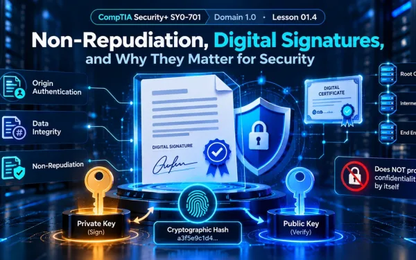Non-Repudiation And Digital Signatures Infographic For Comptia Security+ Sy0-701 Featured Image Caption: Digital Signatures Support Authenticity, Integrity, And Signer Non-Repudiation When Properly Implemented.