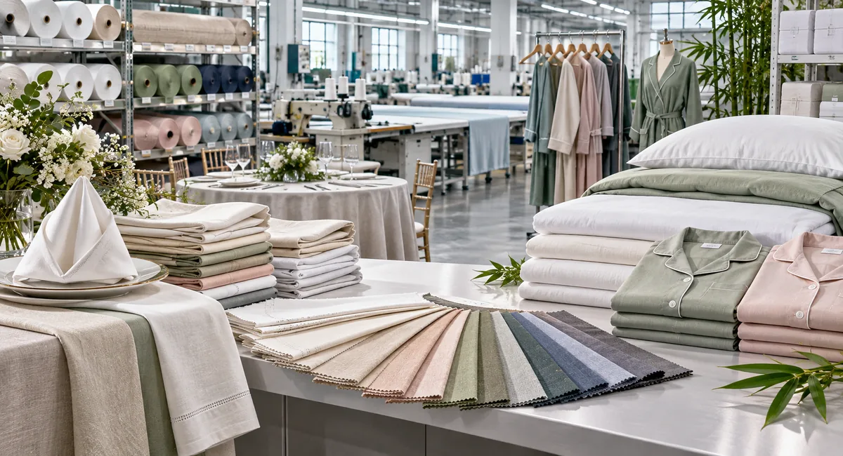 Textile Manufacturers For European Wedding Linens, Catering Textiles And Bamboo Products 1 Textile Manufacturing Facility Displaying Wedding Linens, Tablecloths, Bamboo Sleepwear, Bedding And Fabric Samples