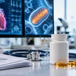 Coq10 Research And Heart Health Shown With A Heart Model, Coq10 Softgels, Medical Research Papers, And Cardiac Imaging