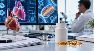 What Current Research Says About Coq10 And Heart Health 2 Coq10 Research And Heart Health Shown With A Heart Model, Coq10 Softgels, Medical Research Papers, And Cardiac Imaging