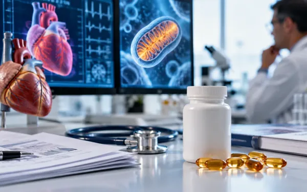 Coq10 Research And Heart Health Shown With A Heart Model, Coq10 Softgels, Medical Research Papers, And Cardiac Imaging